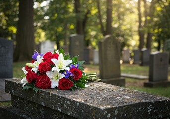A grave with a wreath of red roses and white lilies. The theme of sympathy and grief in connection with a bereavement.