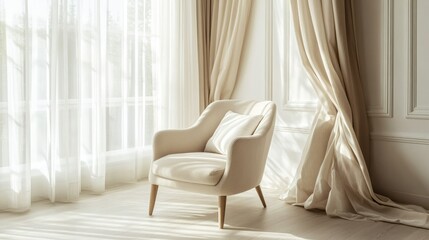 Neutral-toned room with inviting armchair set by a sunlit window, long elegant curtains adding texture and softness to the sophisticated space