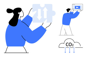 Woman holding puzzle piece with arrows, man holding browser icon, CO2 cloud with downward arrows. Ideal for teamwork, innovation, sustainability, technology, environment, collaboration simple