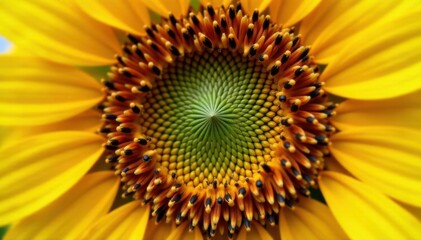 Sunflower seed details in close-up, Fibonacci sequence visible in petals, sunflower details, Fibonacci sequence