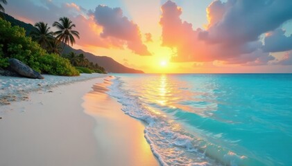 Sunset over crystal clear turquoise waters on a pristine white sandy beach, palm trees, beach