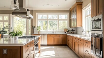 Scandinavian-inspired kitchen with minimalist wood cabinets, neutral walls, and wide windows that flood the space with warm natural light