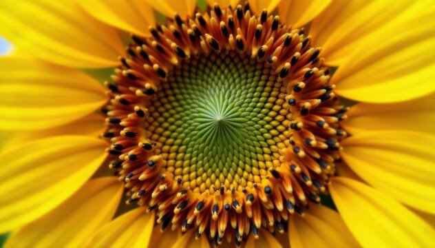 Sunflower seed details in close-up, Fibonacci sequence visible in petals, sunflower details, Fibonacci sequence
