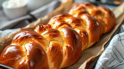 A close up shot of a freshly baked challah bread on parchment paper in a baking pan with a bowl