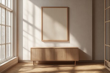Empty beige framed poster on light wall, wooden cabinet