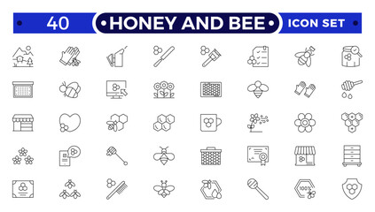 Honey and Bee icon for bees, dipper stick with organic liquid honey for breakfast dessert thin black outline symbols vector illustration. Honey products, apiary, beekeeping line icon set.