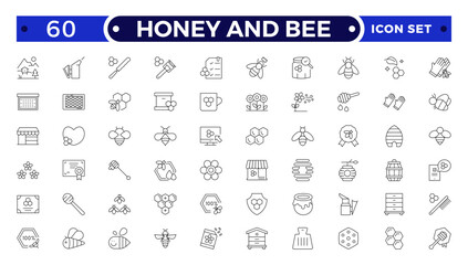 Honey and Bee icon for bees, dipper stick with organic liquid honey for breakfast dessert thin black outline symbols vector illustration. Honey products, apiary, beekeeping line icon set.