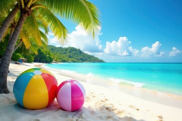 Tropical beach scenery with colorful beach balls and inflatables on the sand, vacation mode, hot deals