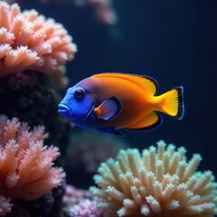 Obraz premium Triggerfish performing intricate dance among coral fans and sea fans, showcasing vibrant blue and orange hues, coral fans, courtship ritual