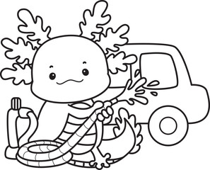 Outline of Illustration of cute axolotl activities icon.
Lineart of Funny pink axolotl in daily routine stickers.
