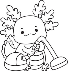 Outline of Illustration of cute axolotl activities icon.
Lineart of Funny pink axolotl in daily routine stickers.
