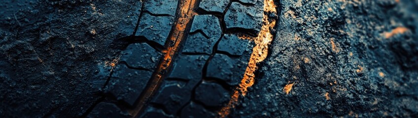 Close-up of a tire tread embedded in cracked earth