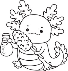 Outline of Illustration of cute axolotl activities icon.
Lineart of Funny pink axolotl in daily routine stickers.
