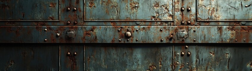 Close-up of a rusty metal door with rivets and a worn blue paint