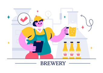 Brewery Production Process Vector Illustration featuring Beer Tanks and Bottles Filled with Alcoholic Drinks for Fermentation in a Flat Background