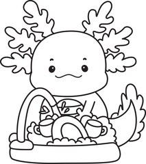 Outline of Illustration of cute axolotl activities icon.
Lineart of Funny pink axolotl in daily routine stickers.
