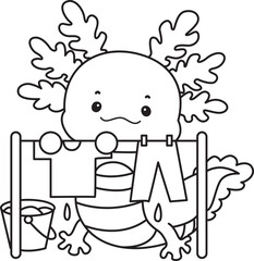Outline of Illustration of cute axolotl activities icon.
Lineart of Funny pink axolotl in daily routine stickers.
