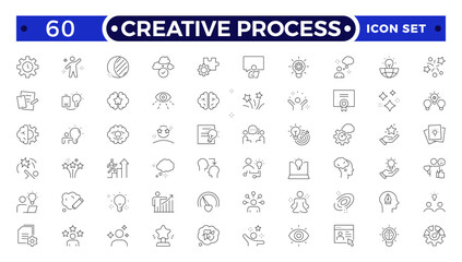 Creative Process line icon set. Teamwork process symbols in flat. Customer search and care signs isolated on white. Leadership and creative icon in black. Vector illustration for graphic design, Web.