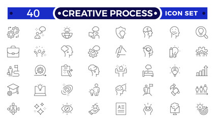 Creative Process line icon set. Teamwork process symbols in flat. Customer search and care signs isolated on white. Leadership and creative icon in black. Vector illustration for graphic design, Web.