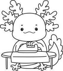 Outline of Illustration of cute axolotl activities icon.
Lineart of Funny pink axolotl in daily routine stickers.
