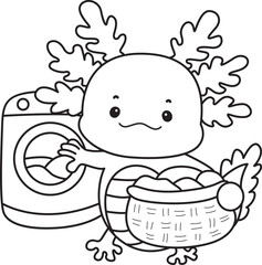 Outline of Illustration of cute axolotl activities icon.
Lineart of Funny pink axolotl in daily routine stickers.
