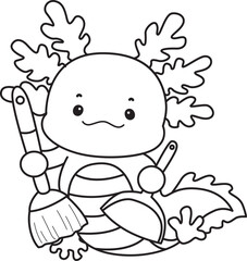 Outline of Illustration of cute axolotl activities icon.
Lineart of Funny pink axolotl in daily routine stickers.
