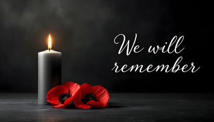We Will Remember: Candle, poppies, and dark background for Memorial Day & Remembrance.