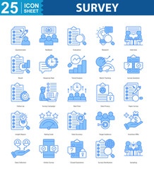 Survey icon set vector questionnaire, feedback, evaluation, research, interview, result, response rate, trend analysis, metric tracking, survey question, follow up, survey campaign, real time