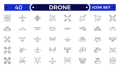 Drone vector outline icon set. Contains linear outline icons like Quadcopter, Propeller, Remote Control, Radar, Camera, Battery, Delivery, Copter
