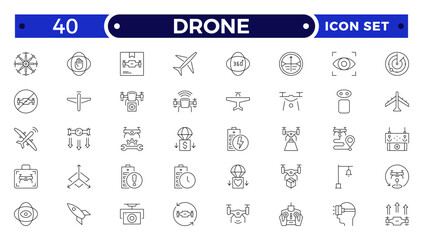 Drone vector outline icon set. Contains linear outline icons like Quadcopter, Propeller, Remote Control, Radar, Camera, Battery, Delivery, Copter