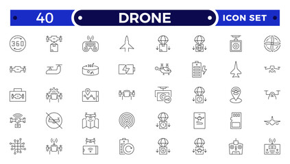 Drone vector outline icon set. Contains linear outline icons like Quadcopter, Propeller, Remote Control, Radar, Camera, Battery, Delivery, Copter