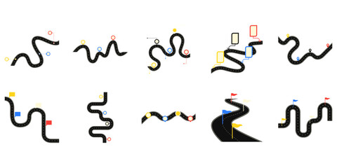 Set of roadmap infographic shape. Project roadmap, timeline Infographics, timeframe, milestones and achievements for business and goals strategy. Vector isolated.