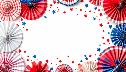 Patriotic Celebration Frame: Red, White, Blue Fans & Stars on White for Veterans Day – Empty Space.