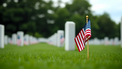 Memorial Day Tribute: American Flag Standing Proudly in a Field of Military Headstones for Veterans Day – Empty Space