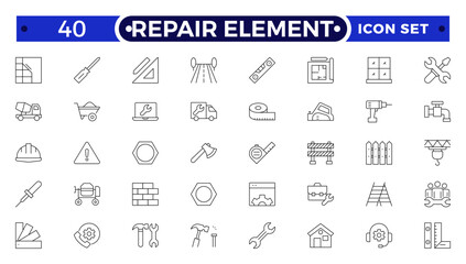 Repair Element outline icon set. Containing fix, maintenance, toolbox, assistance, broken, troubleshoot, patch and repairman service icons.