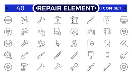 Repair Element outline icon set. Containing fix, maintenance, toolbox, assistance, broken, troubleshoot, patch and repairman service icons.