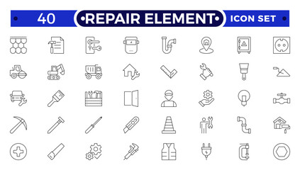 Repair Element outline icon set. Containing fix, maintenance, toolbox, assistance, broken, troubleshoot, patch and repairman service icons.
