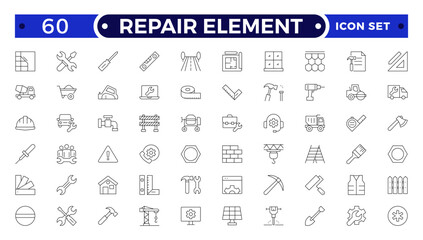 Repair Element outline icon set. Containing fix, maintenance, toolbox, assistance, broken, troubleshoot, patch and repairman service icons.
