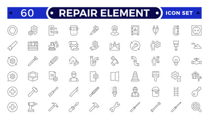 Repair Element outline icon set. Containing fix, maintenance, toolbox, assistance, broken, troubleshoot, patch and repairman service icons.