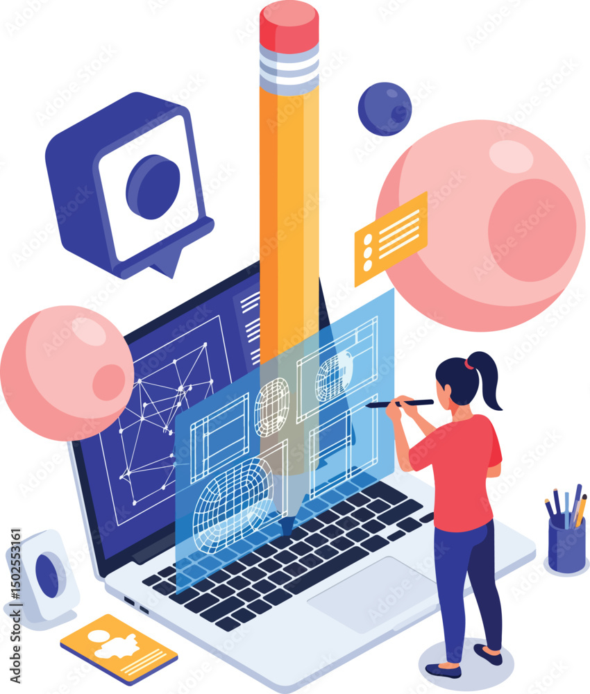 Wall mural a creative scene showing a giant pencil and a laptop with wireframe open, designer adjusting layout 