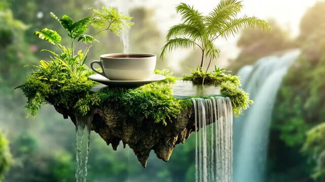 Floating island with a cup of coffee surrounded by lush greenery and a waterfall in a tranquil setting, Cup of coffee on serene floating island with lush greenery and waterfalls Tranquil nature