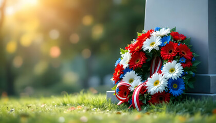 Veterans Day Tribute: Red, White, and Blue Floral Wreath at a Gray Headstone with Sunny Green Background and Copy Space - Honoring Service.