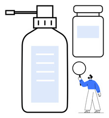 Pump dispenser bottle, pill container, person examining details with magnifying glass. Ideal for health, hygiene, pharmacy, skincare, product inspection, medical supplies simple landing page