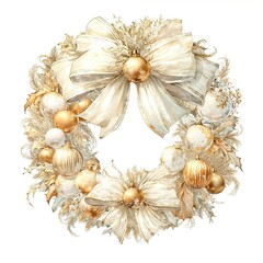Obraz premium Decorative holiday wreath with white and gold elements hanging elegantly