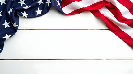 USA Flag Border on White Wood - Patriotic American Background for Independence Day, Memorial Day, or Veterans Day with Blank Space.