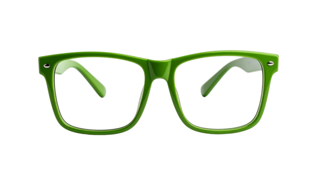 green, square-shaped glasses, Product photography isolated on solid white background Png format.