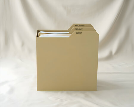 Beige File Box with Important Client Project Documents - Powered by Adobe