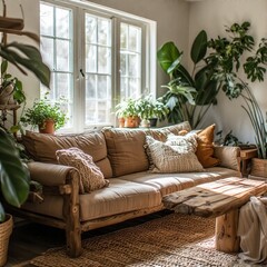 Fototapeta premium Modern Cozy Living Room with Elegant Sofa Setup and Natural Lighting – Ideal for Interior Branding & Mockups