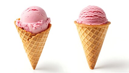 Two delectable scoops of strawberry ice cream gracefully presented in crispy waffle cones for a perfect summer treat