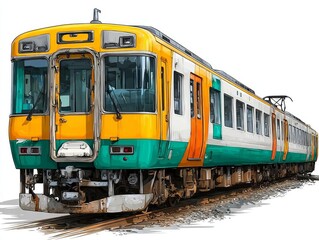 Obraz premium Colorful train traveling along railway tracks, showcasing modern transport.